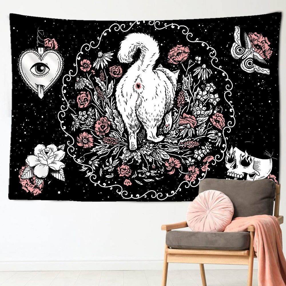 Cat Witchcraft Tapestry Wall Hanging Tapestries Mysterious Divination Baphomet Occult Home Wall Black Decor Cat Coven