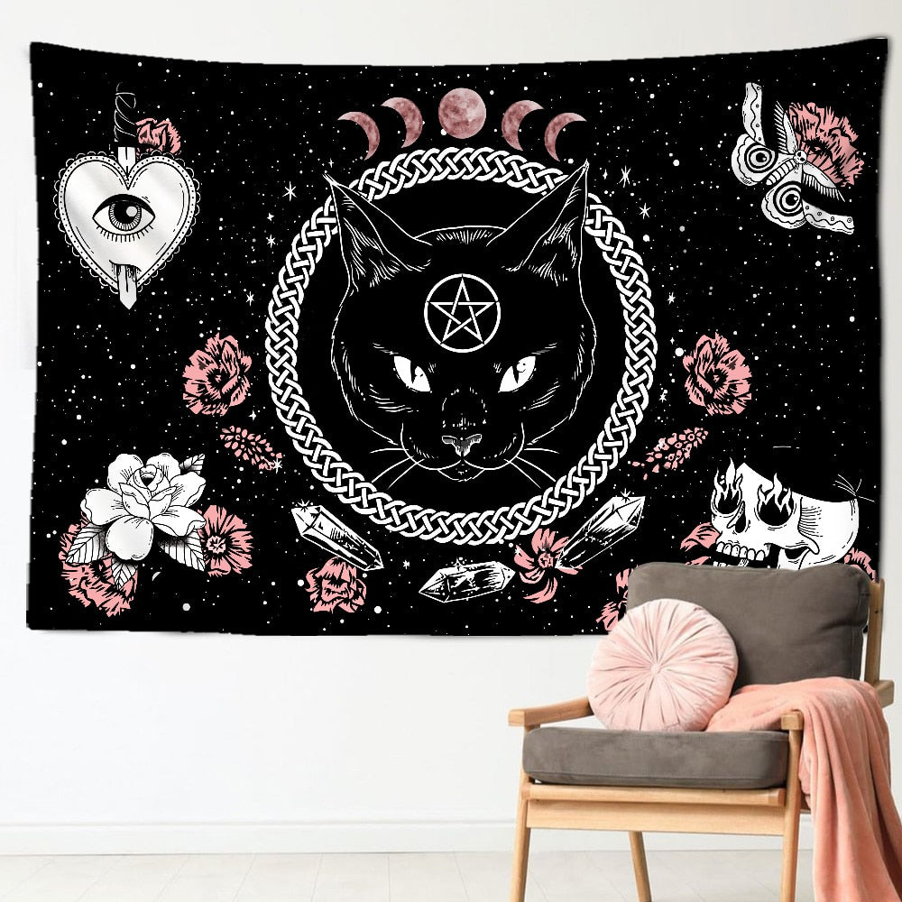 Cat Witchcraft Tapestry Wall Hanging Tapestries Mysterious Divination Baphomet Occult Home Wall Black Decor Cat Coven