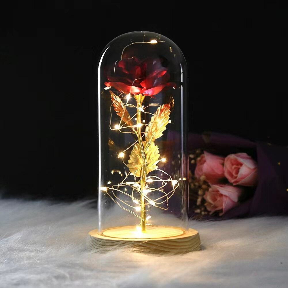 Flower Beauty and the Beast Led Eternal Rose in Glass Artificial Flowers Rose Decor Wedding Father Mother's Day Gifts for Woman