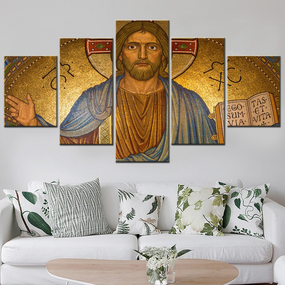 5 Pieces Jesus Christ Canvas Gold Painting Poster Prints Home Decor Framed Wall Art Picture Modern Room Decoration Accessories