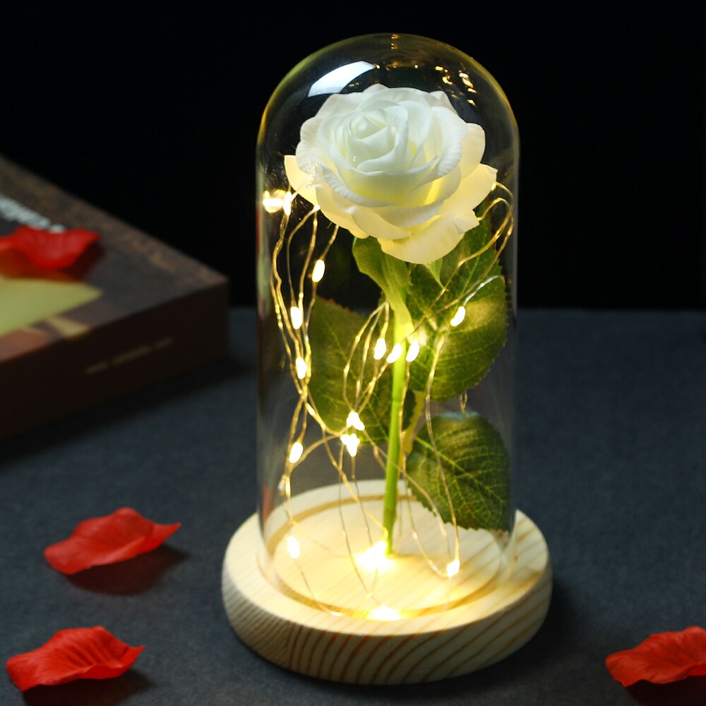 Flower Beauty and the Beast Led Eternal Rose in Glass Artificial Flowers Rose Decor Wedding Father Mother's Day Gifts for Woman