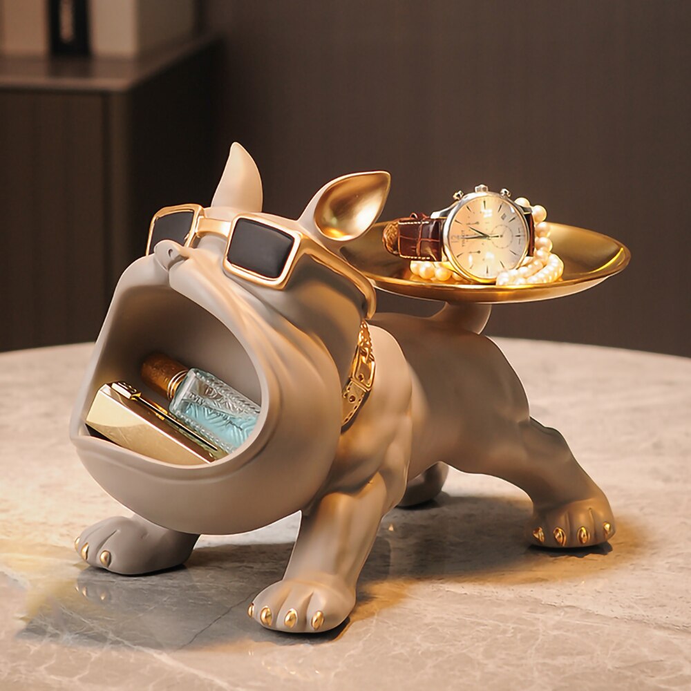 French Bulldog Ornaments Table Decoration With Metal Tray Dog Figurine Home Interior Accessories Animal Dog Statue Room Decor