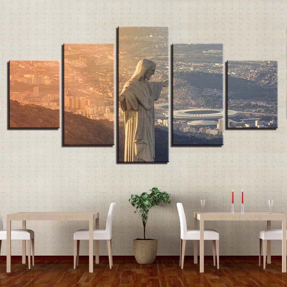5 Panel Canvas Art Wall Decor Painting Jesus Christ Brazil Redeemer Statue Print Picture Modular Home Decoration Accessories
